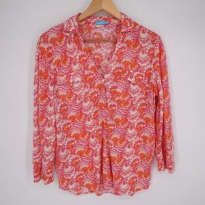 J McLaughlin Womens Linen Stretch Button Up Shirt Sz M Resort Colorful Pockets